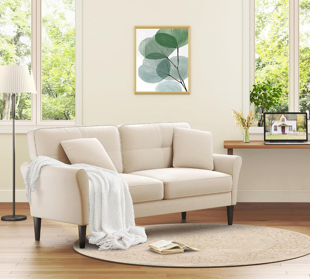 Loveseat Sofa, 69' Love Seat Couches, Comfy Velvet Small Couches for Small Spaces with 2 Pillows, Tool-Free Setup Sofas & Couches, 700lb Load Sofas for Living Room, Mini Couch for Bedroom, White Couch