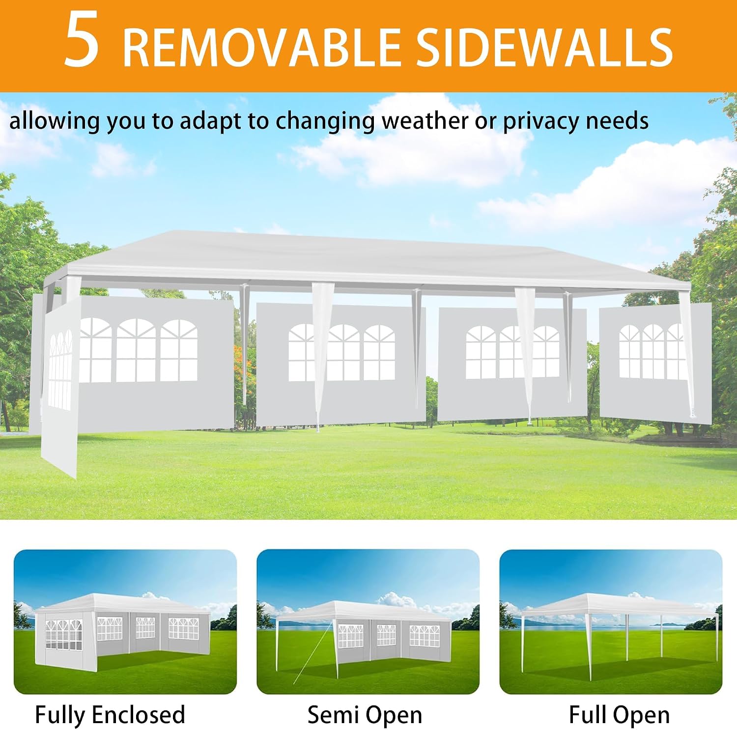 10x30 Party Tent Heavy Duty Outdoor Canopy Tents for Parties with 5 Removable Sidewalls Outside Large Gazebo Shelter Carpas para Fiestas for Backyard Patio Events Wedding BBQ, White
