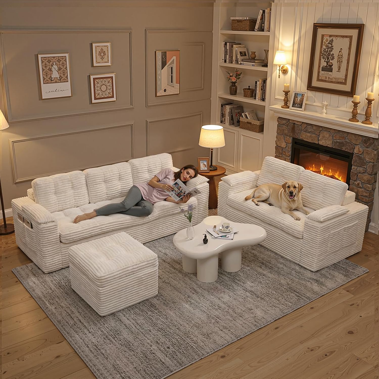 83' Boneless Couch, 3-Seater Cloud Corduroy Sofa in a Box with Deep Tufted Cushions, Zero Assembly, Removable Washable Cover, Family-Friendly Living Room Couch, Beige