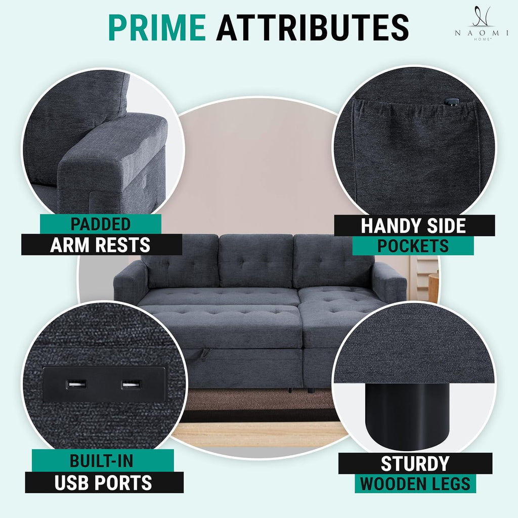 Naomi Home L-Shaped Sectional Sleeper Sofa with USB Ports - Convertible Pull-Out Bed, Ample Storage, Timeless Design, Durable Construction Gray/Microfiber