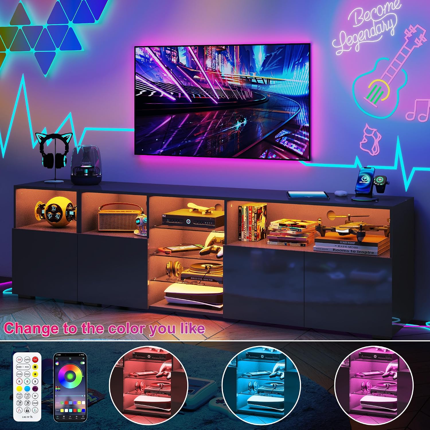 Hlivelood LED TV Stand for 85 Inch TV, Modern TV Stand with Power Outlet, High Glossy Modern TV Console Entertainment Center with Storage and LED Lights for Living Room, Bedroom, Black