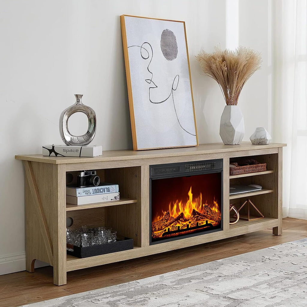 AMERLIFE Fireplace TV Stand, Wood Texture Entertainment Center with 23' Electric Fireplace, Farmhouse Entertainment Stand Media TV Console for TVs Up to 80', 70 inches, Natural Oak