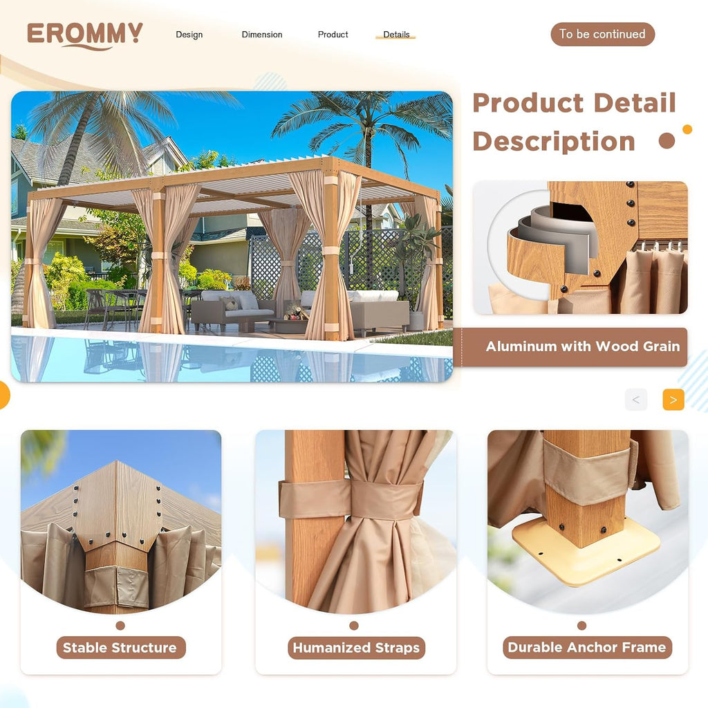 EROMMY Louvered Pergola 10x20, Outdoor Aluminum Pergola with Adjustable Rainproof Roof for Garden, Patio, Deck, Waterproof Curtains and Netting Included, Wood Grain