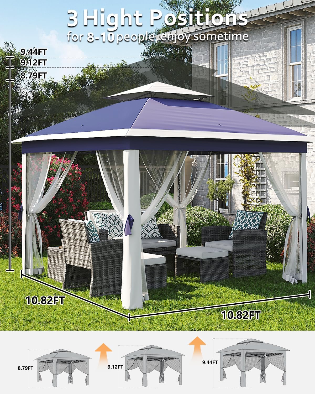 11x11ft Pop Up Gazebo Tent with Mosquito Netting, Outdoor Canopy Shelter Easy Setup, Water & UV Resistant - Navy
