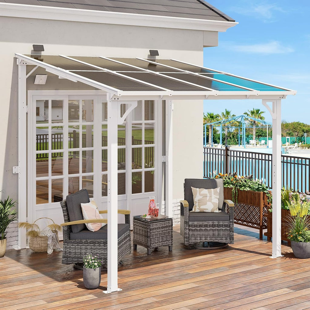 MEISSALIVVE 8' x 8' Wall Mounted Lean to Metal Awnings with Sloped Roof, Outdoor Patio Gazebo Awning for Backyard, Deck, White