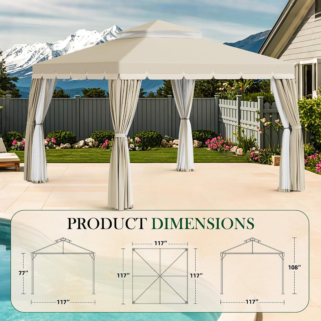 Incbruce Outdoor 10x10 FT Garden Gazebo, Steel Vented Double Roof Patios Canopy, Outside Gazebo with Mosquito Netting for Backyard, Lawns, Party (Beige)