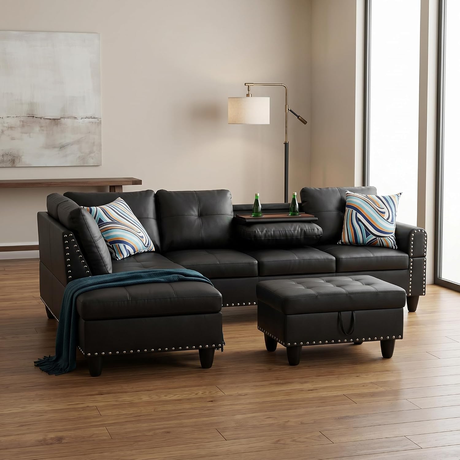 97.5' Leather L Shaped Couch Set Black, Modular Sectional Couches for Living Room with Storage Ottoman, 4 Seat Home Sofa Living Room Furniture Sets with Chaise for Apartment Office