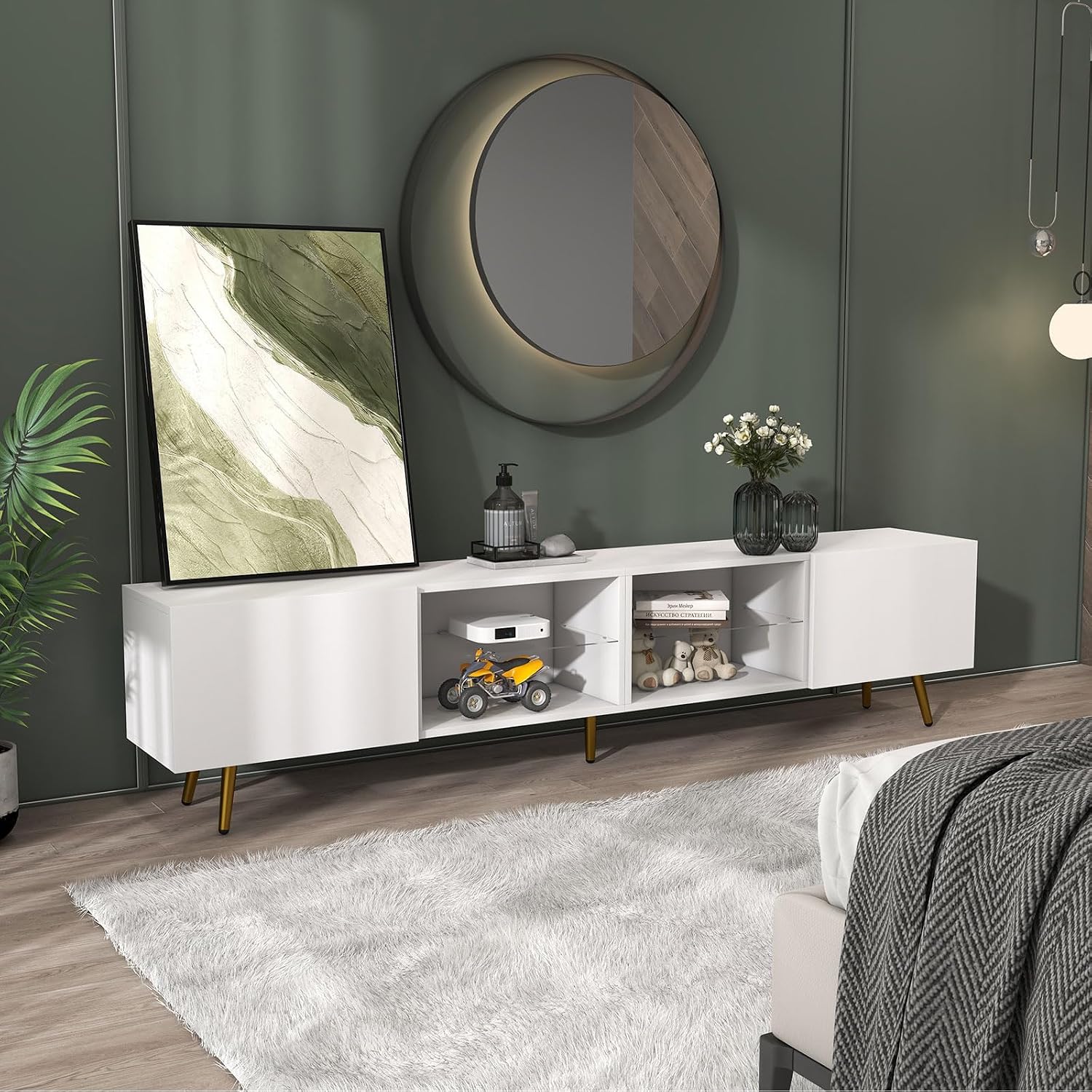 Bonzy Home 86' LED TV Stand, Modern Entertainment Center up to 75' 80' 85' TV, Television Console Table with Storage Cabinets for Living Room, White