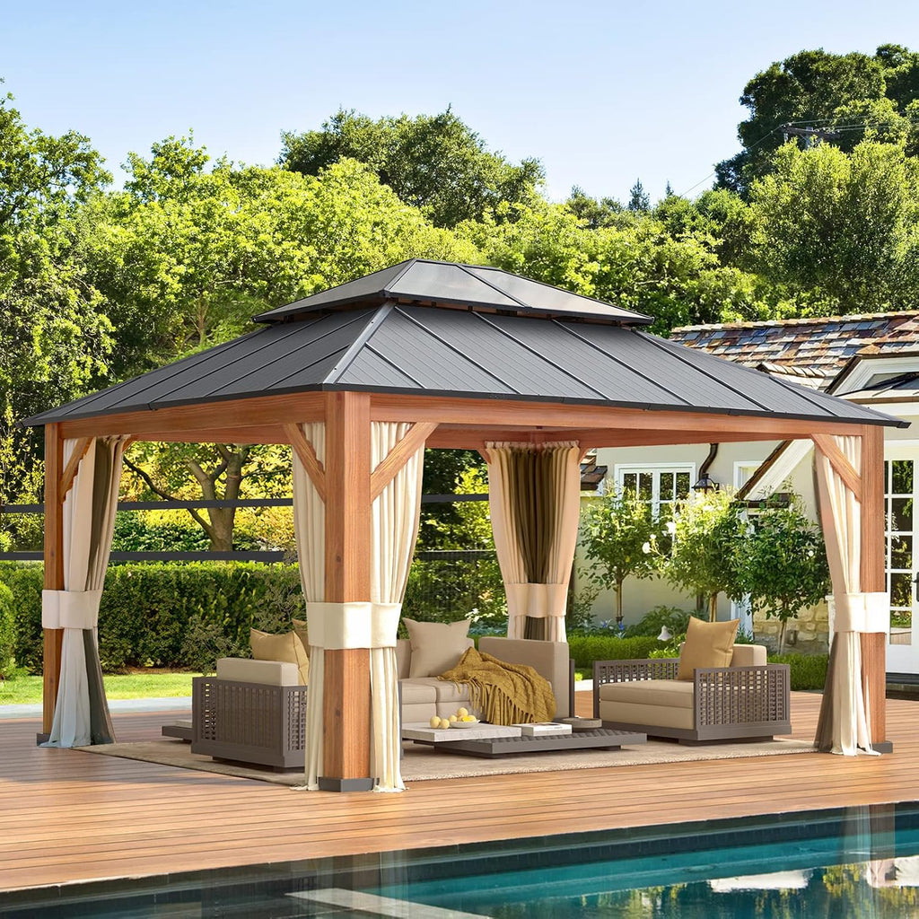 YOLENY 12' x 14' Hardtop Gazebo Ultra-Thick Columns and Beams with Wood Grain Aluminum Frame, Dual Material Double Roof, Outdoor Gazebo with Netting and Curtains for Deck, Backyard and Patio