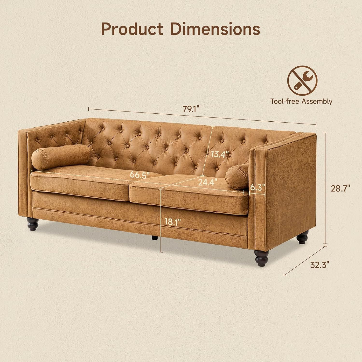 ONBRILL 79'' Faux Leather Couch for Living Room, Comfy Chesterfield Button-Tufted Sofa with 2 Bolster Pillows and Wood Legs, Mid-Century Modern Deep Seat Couch for Apartment, Office, Caramel