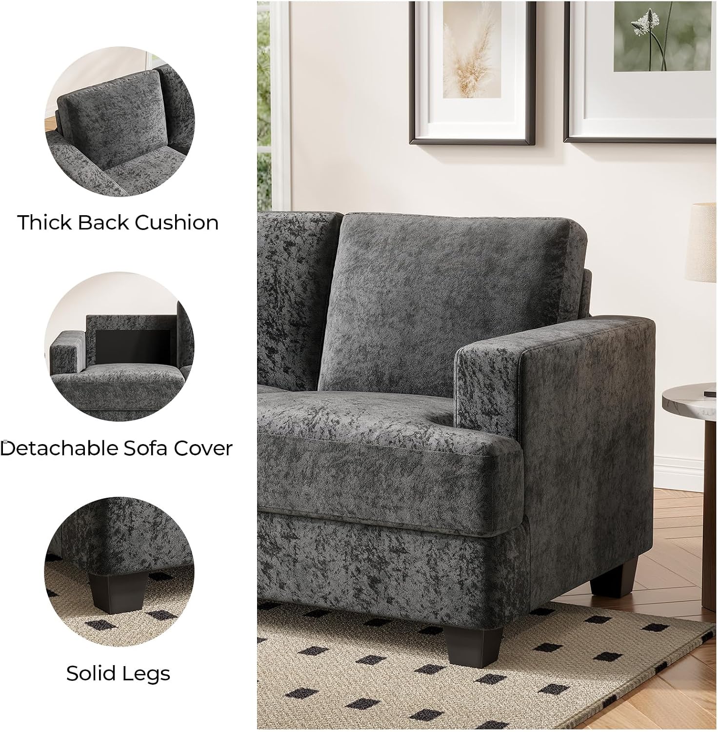 COPIAE 89 Inch Sofa with Extra Deep Seats Oversize,3 Seater Sofa for Living Room, Modern Couch and Sofa, Comfy Armrests and Seats and Backrests, Easy Installation,Chenille Fabric Gray