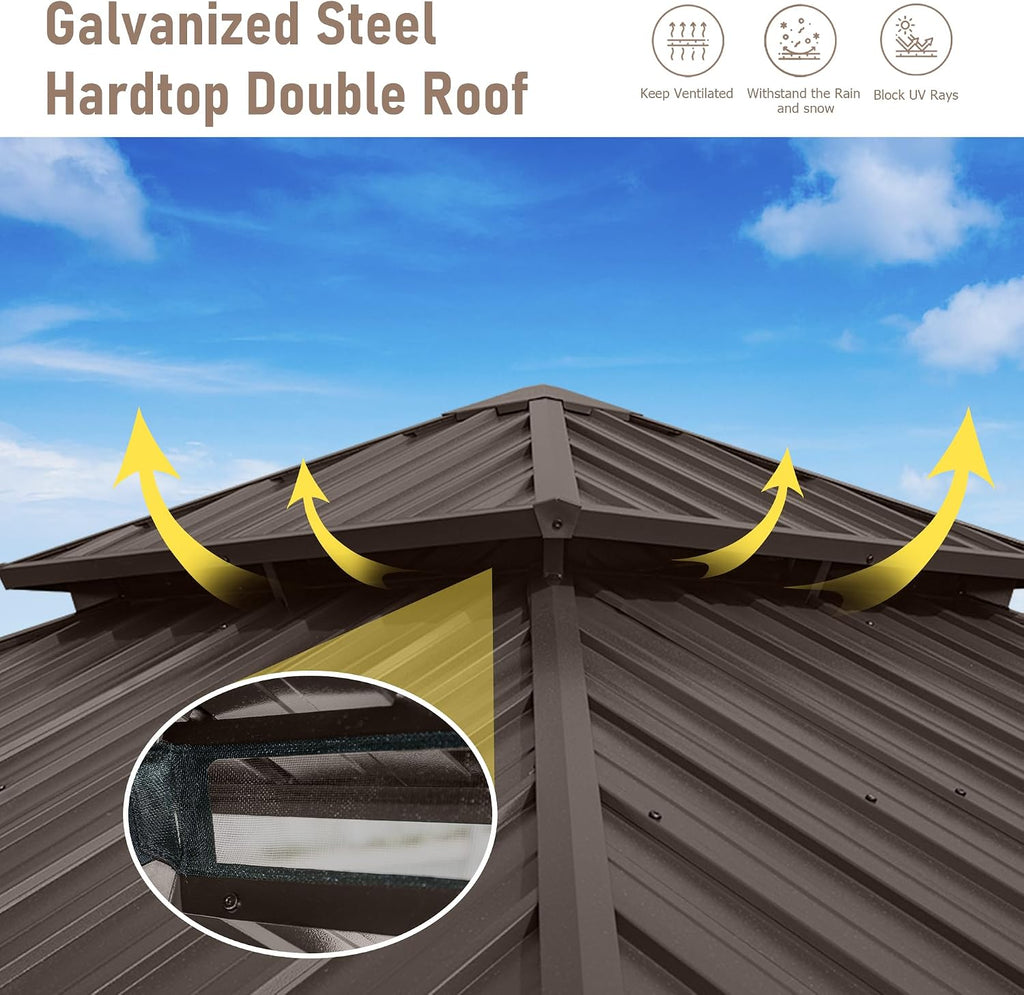 10' x 10' Hardtop Gazebo, Outdoor Aluminum Gazebo with Galvanized Steel Double Roof Canopy, Outdoor Permanent Metal Pavilion with Curtains and Netting for Patio, Backyard and Lawn, Dark Brown