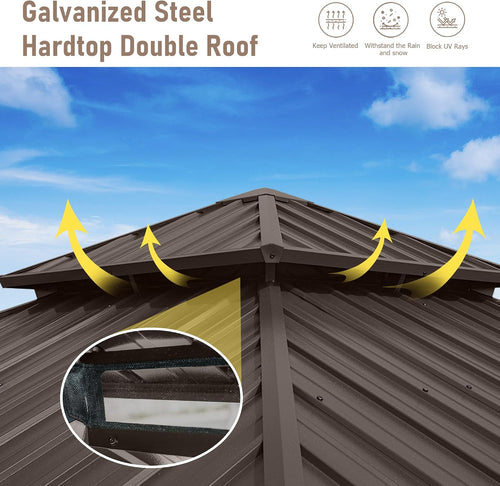 10' x 10' Hardtop Gazebo, Outdoor Aluminum Gazebo with Galvanized Steel Double Roof Canopy, Outdoor Permanent Metal Pavilion with Curtains and Netting for Patio, Backyard and Lawn, Dark Brown