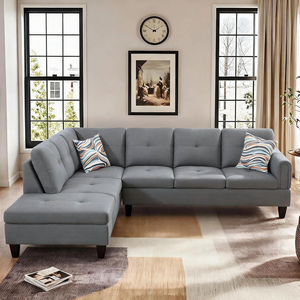 L Shaped Couch Sectional Couches with Chaise, Fluffy Fabric 3 Pieces Modular Convertible Sofa for Living Room Furniture Sets and Small Apartment, Dark Gre