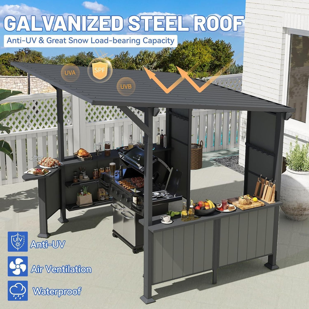GOWE 9X10FT Hardtop Grill Gazebo, Lean to Outdoor BBQ Gazebo with Storage Shelves and Expansion Platform, Galvanized Steel Permanent Hard top Grill Canopy for Patio Backyard Lawn Garden -Grey