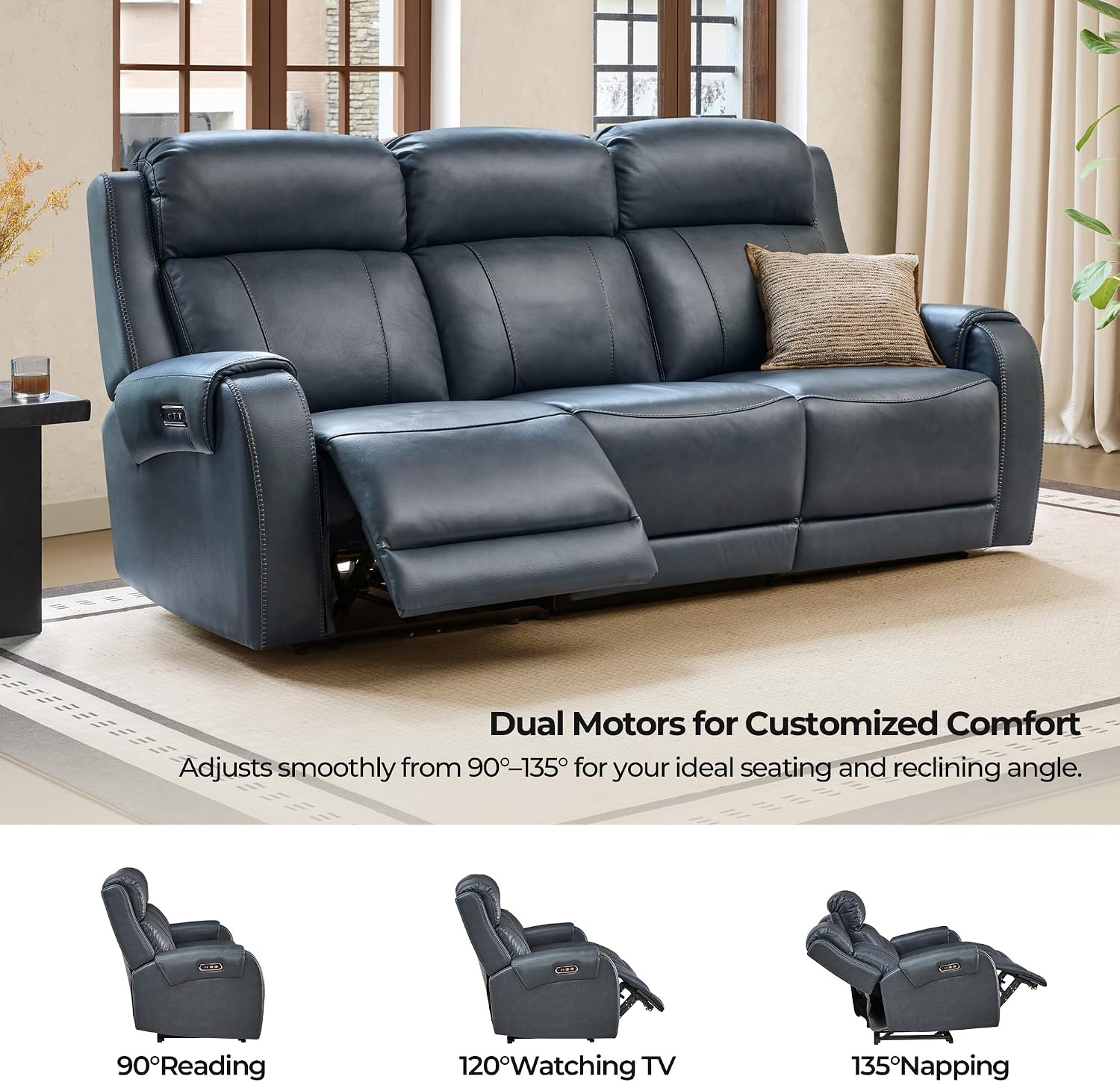 CHITA Genuine Leather Power Recliner Sofa, Wall Hugger Reclining Loveseat with Power Headrest, Dual Motor, USB Charging Ports, Recliner Couch for Living Room, RV, Leather in Navy