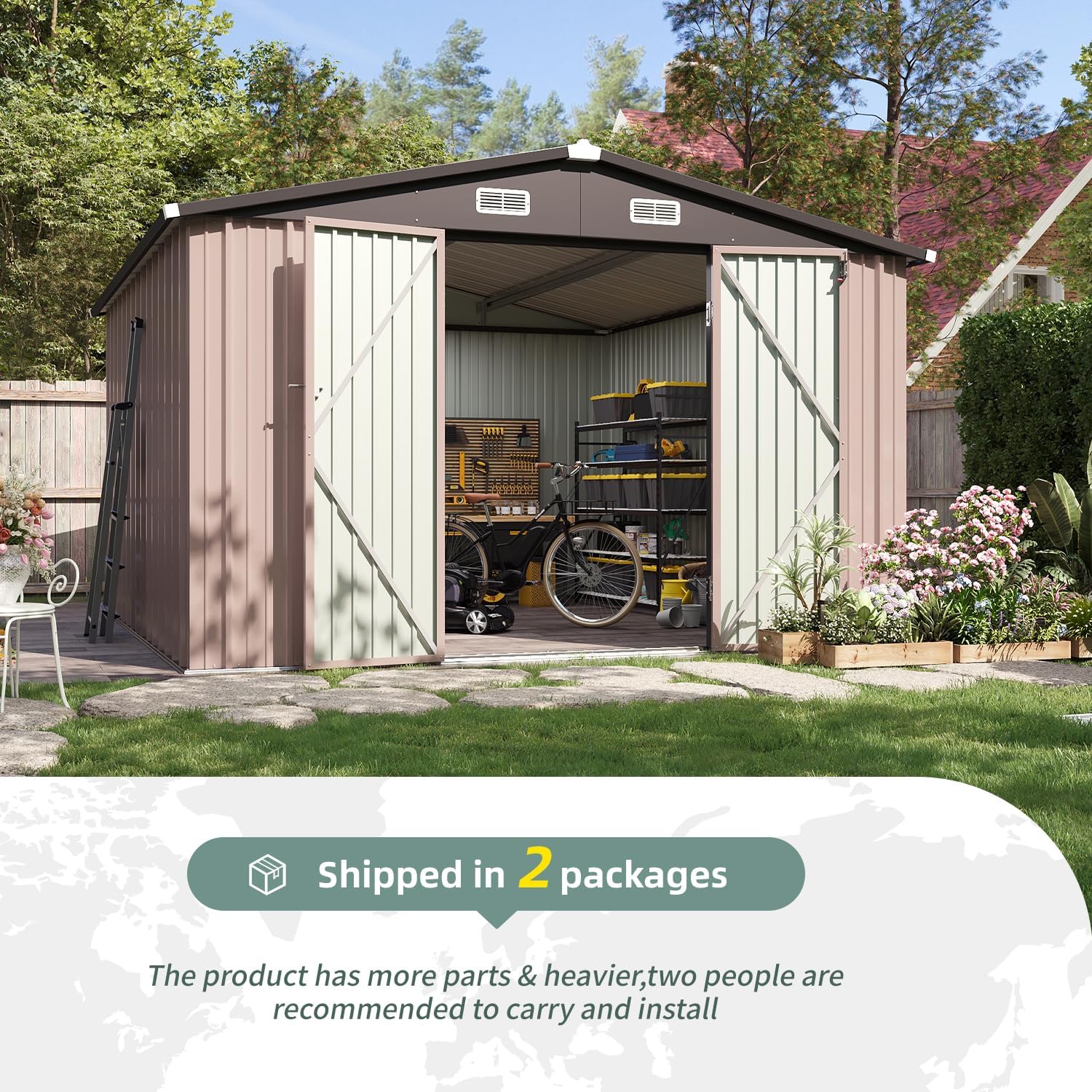 10'x10' Brown Metal Tool Shed (Without Base) Double-Door, Vent Windows,Garden, Patio, Lawn, Poolside