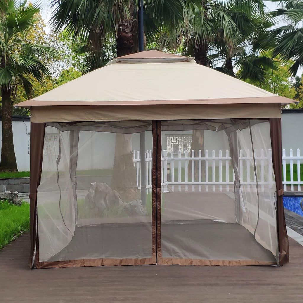 11x11 Ft Pop Up Gazebo with Removable Zipper Netting, Outdoor Gazebo Tent with Double Roof & Height Adjustable Leg, Easy Up Canopy Tent with Carry Bag for Backyard, Deck, Patio Shade (Beige)