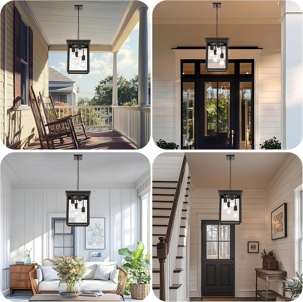 4-Light Large Outdoor Pendant Light Fixtures Oil Rubbed Bronze, Adjustable Height Outdoor Ceiling Light, Exterior Hanging Light Fixture for Patio Yard Front, E26 Base Hanging Porch Light