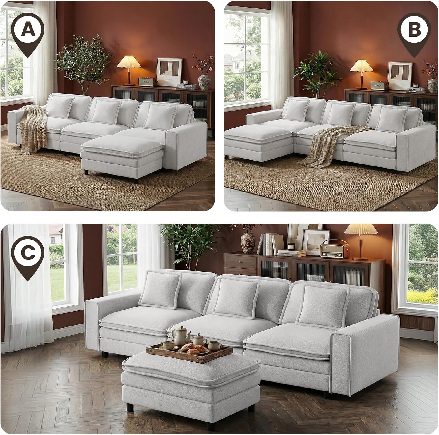 MALOL Modular Sectional Sofa 107', Comfy Cloud Couch with Ottoman, Deep 4-Seat L Shaped Modular Sofa, Couches with Throw Pillows for Living Room, Beige