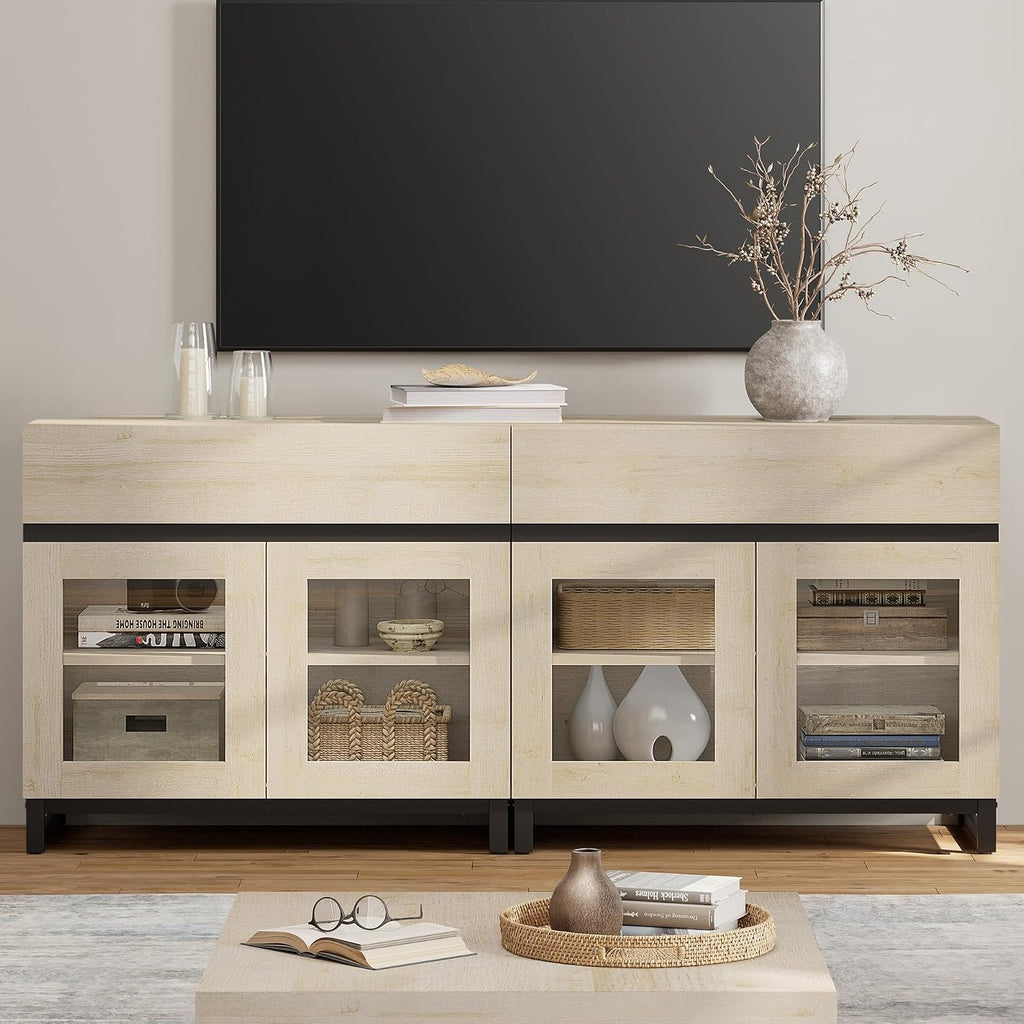 WAMPAT Modern TV Stand with Glass Doors for 40-70 inch TVs, 2 in 1 Entertainment Center Console with 2 Drawers and Metal Base for Living Room, Bedroom, Beige