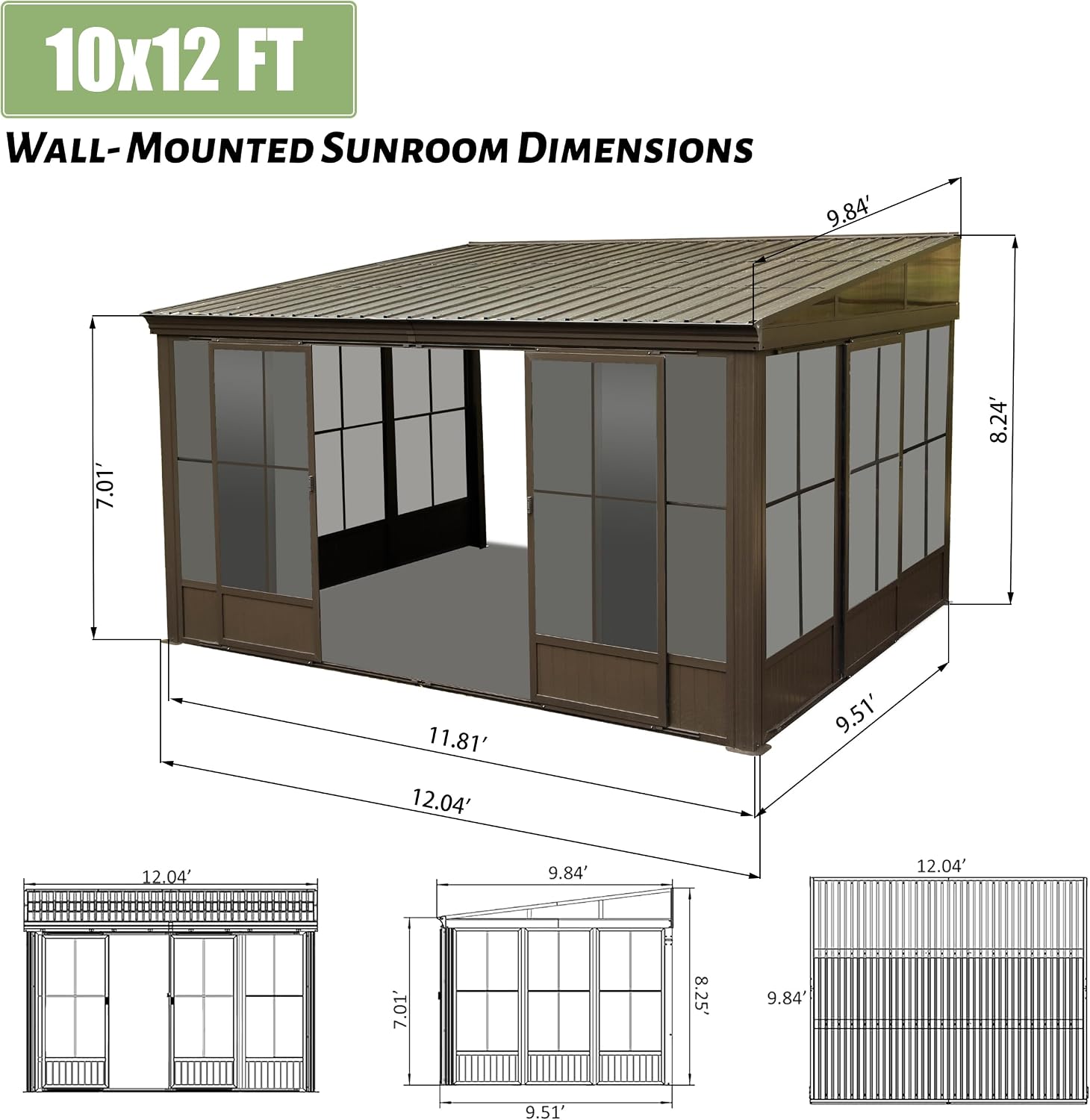 10x12FT Wall Mounted Sunroom, Outdoor Permanent Lean-to Solarium with Detachable Polycarbonate Roof, 2 Lockable Sliding Doors, Aluminum Gazebo Against The Wall Sun Room for Garden Patio Deck