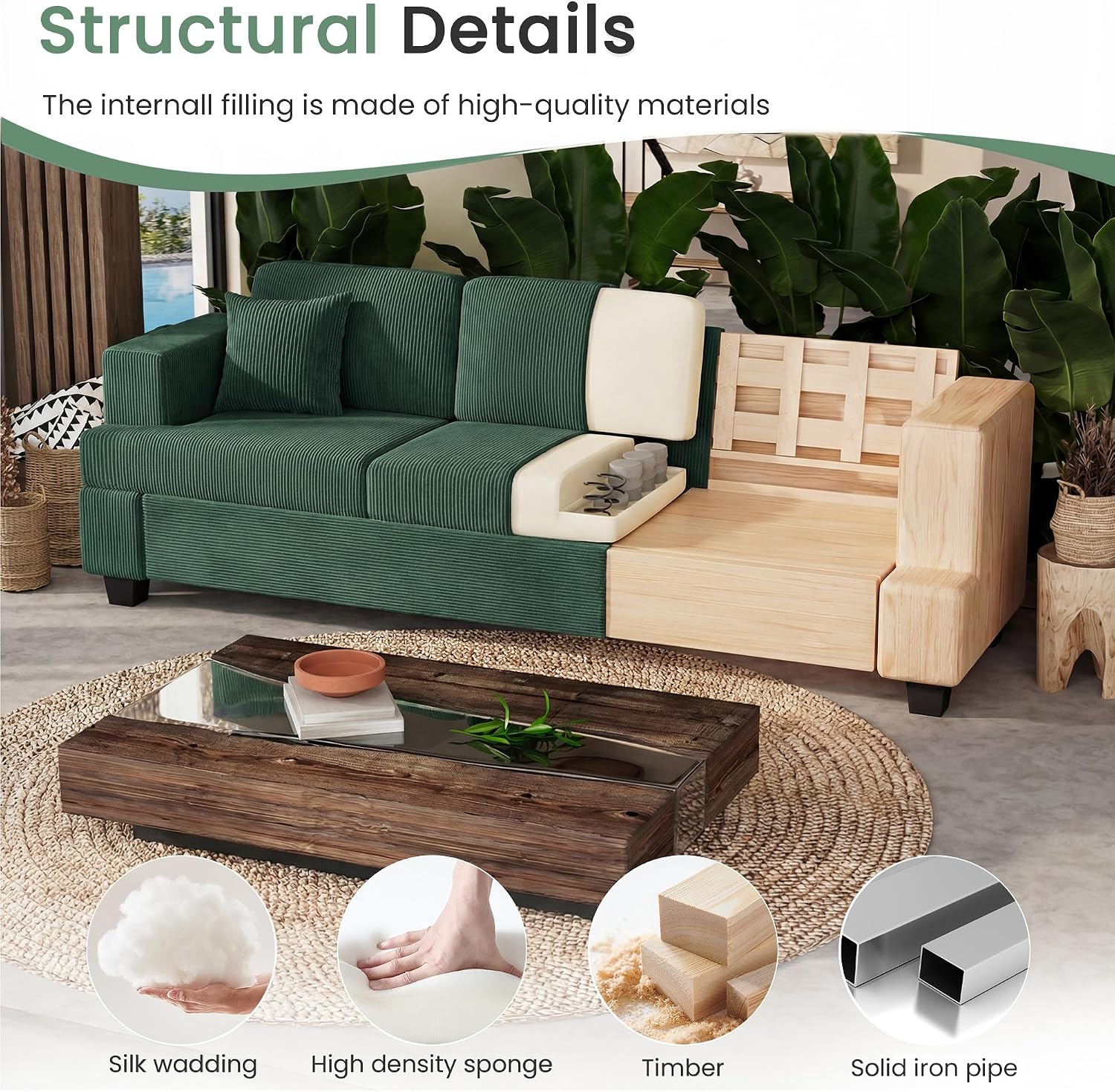 YOUDENOVA 2 Piece Set Comfy Sofa Couch, 3 Seater & Loveseat Sofa with Deep Seats, Modern Sleeper Couch for Living Room, Green Corduroy