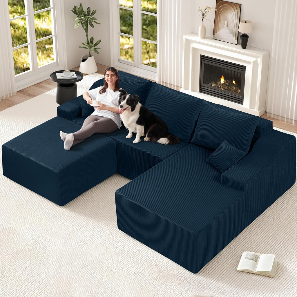 HABUTWAY U Shaped Modular Sectional Couch for Living Room, Modular Cloud Sofa with Ottoman, No Assembly Boneless Couches with Deep Seat, Corduroy Fabric (Blue, Right Facing)