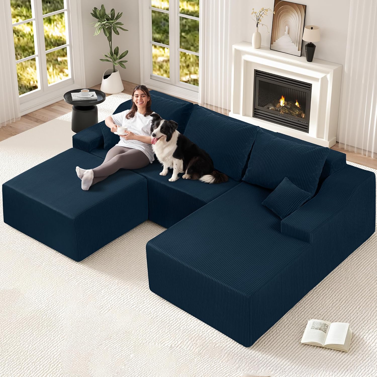 HABUTWAY U Shaped Modular Sectional Couch for Living Room, Modular Cloud Sofa with Ottoman, No Assembly Boneless Couches with Deep Seat, Corduroy Fabric (Blue, Right Facing)