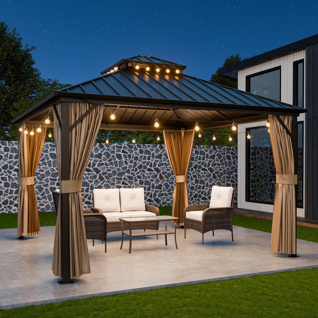COOS BAY 12x12 Hardtop Gazebo with Aluminum Frame, Galvanized Steel Roof with UV Protection for Patio, Backyard, Garden, Outdoor Events, Dark Brown/Tan