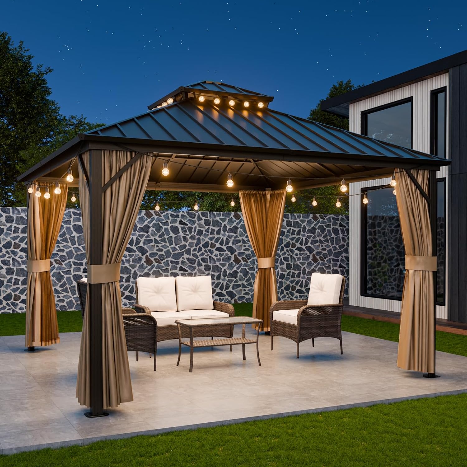COOS BAY 12x12 Hardtop Gazebo with Aluminum Frame, Galvanized Steel Roof with UV Protection for Patio, Backyard, Garden, Outdoor Events, Dark Brown/Tan