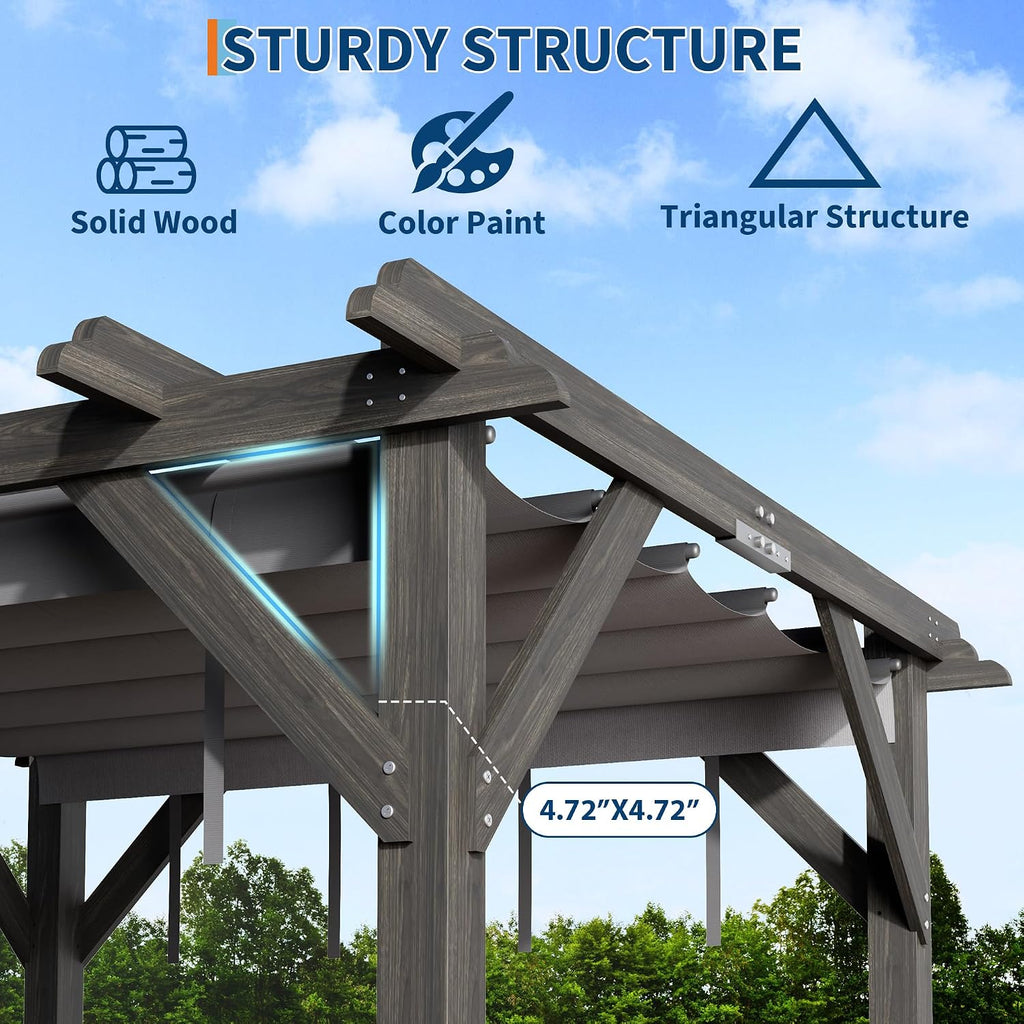 10x12 Ft Outdoor Spruce Wooden Gazebo Pergola with Canopy and Installation Kit, Premium Support Structure, Wind and Snow Resistant, Modern Outdoor Extendable Gazebo for Porches, Vines and Decks