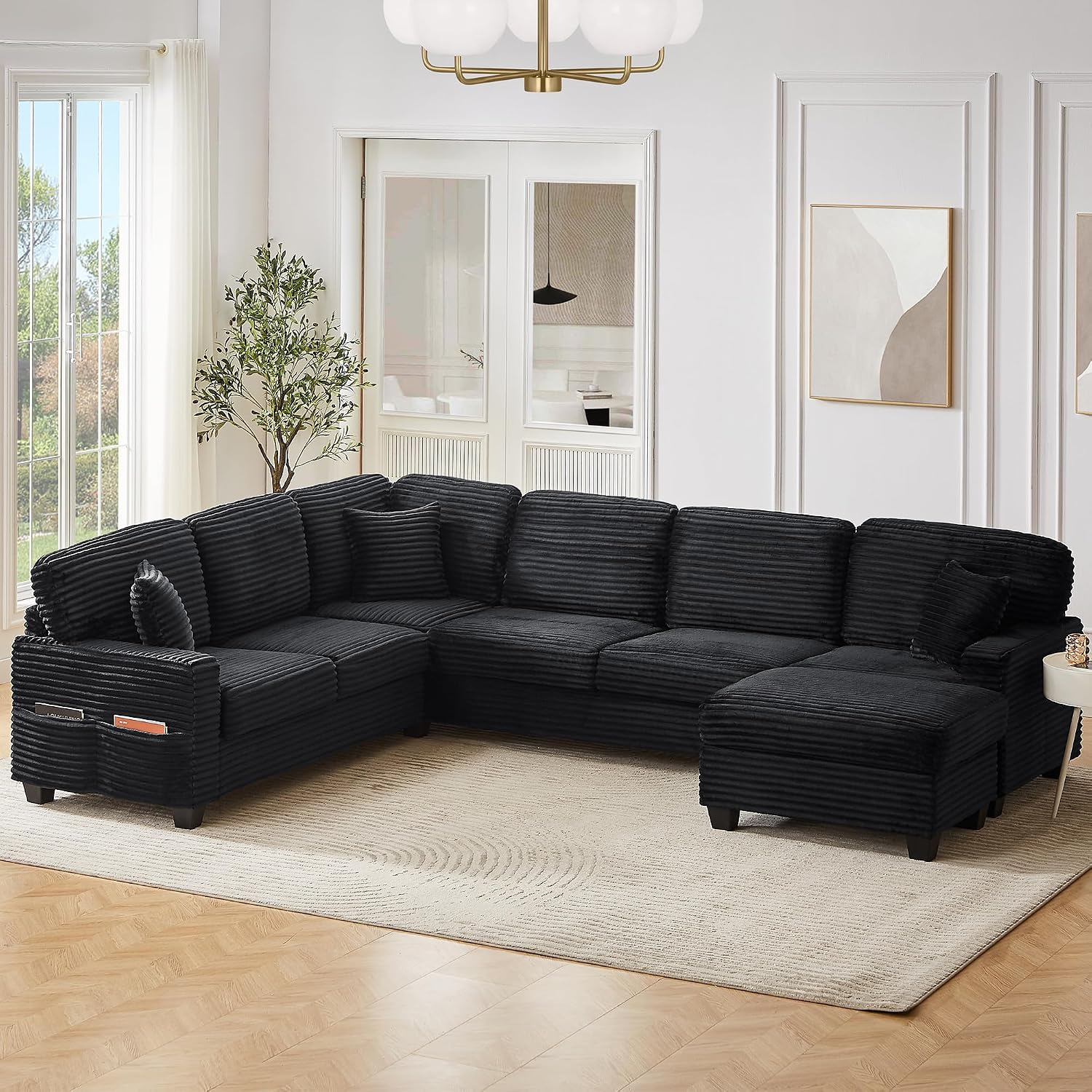 125.2' Sectional Sofa U-Shaped Upholstered Sofa L-Shaped Couch with a Movable Ottoman and Side Storage Pockets for Living Room, Black