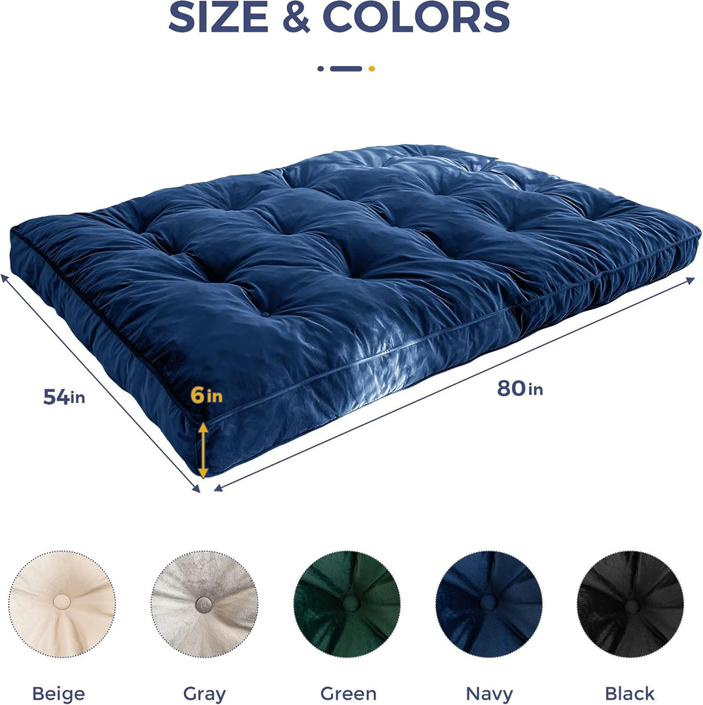 MAXYOYO 6' Futon Mattress Full Size, Velvet Thick Futons Sofa Couch, Versatile Floor Mattress for Adults, Shredded Foam Filling (Frame Not Included), Navy