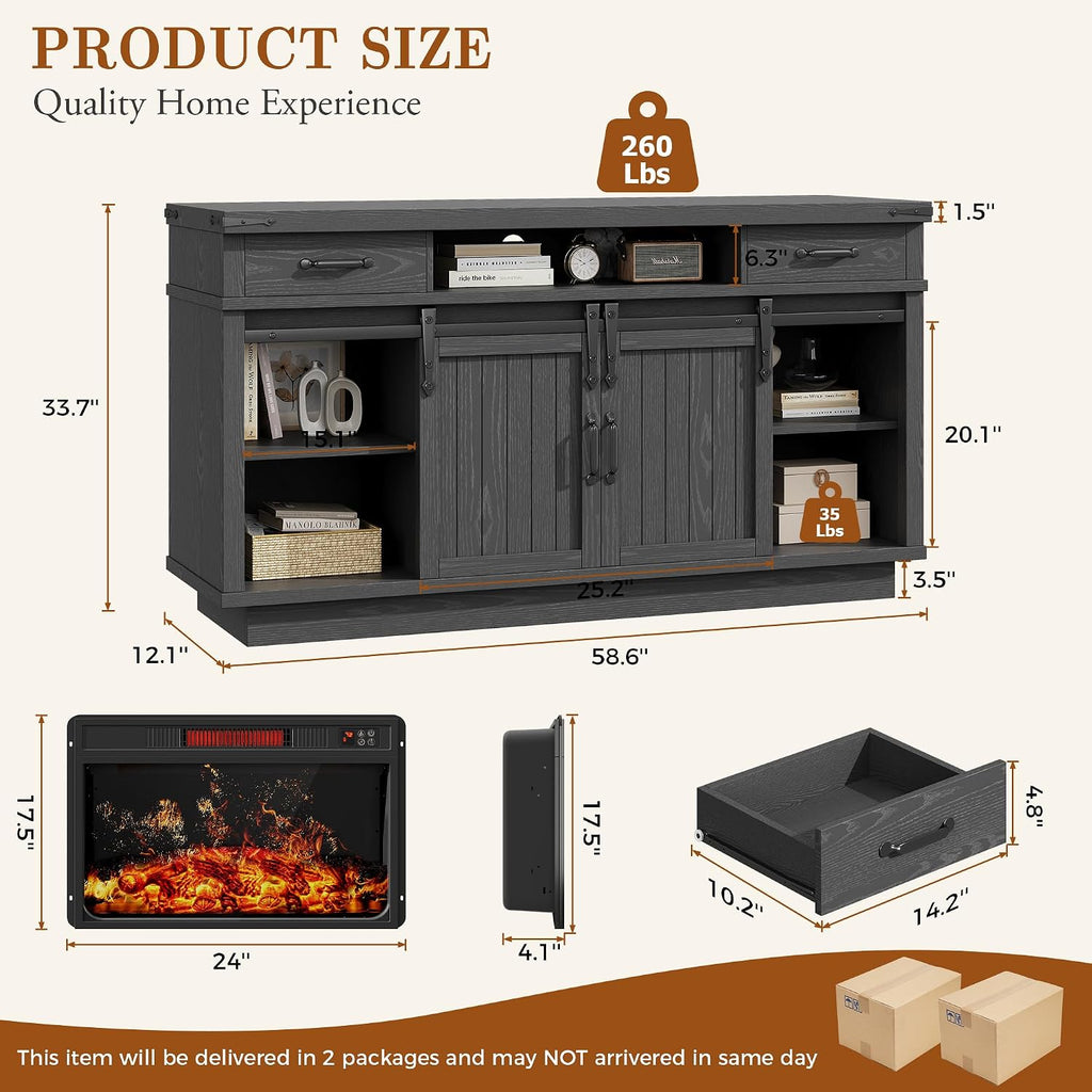 Fireplace TV Stand for TVs up to 65', Electric Fireplace with 3D Flame, Farmhouse LED Light Entertainment Center with Sliding Barn Door, Media Console with Storage Cabinets for Living Room (Black)