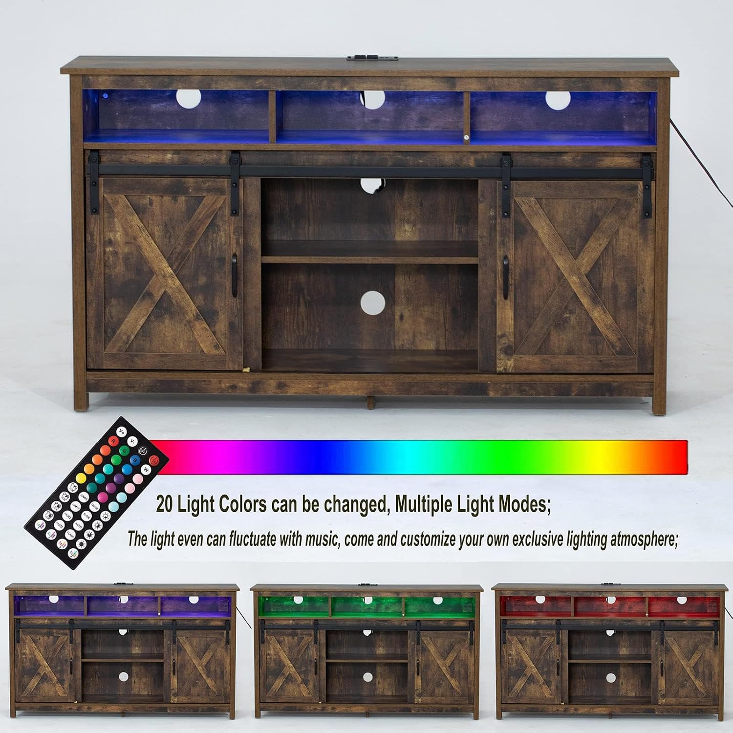 Vinctik 6&Fox 57In Wooden Farmhouse Entertainment Center for 60/65 inch TV,Double Layer Storage Farmhouse TV Stand,Double-Row Sockets with Wood Sliding Barn Door TV Stand, Double Layer Vintage Brown