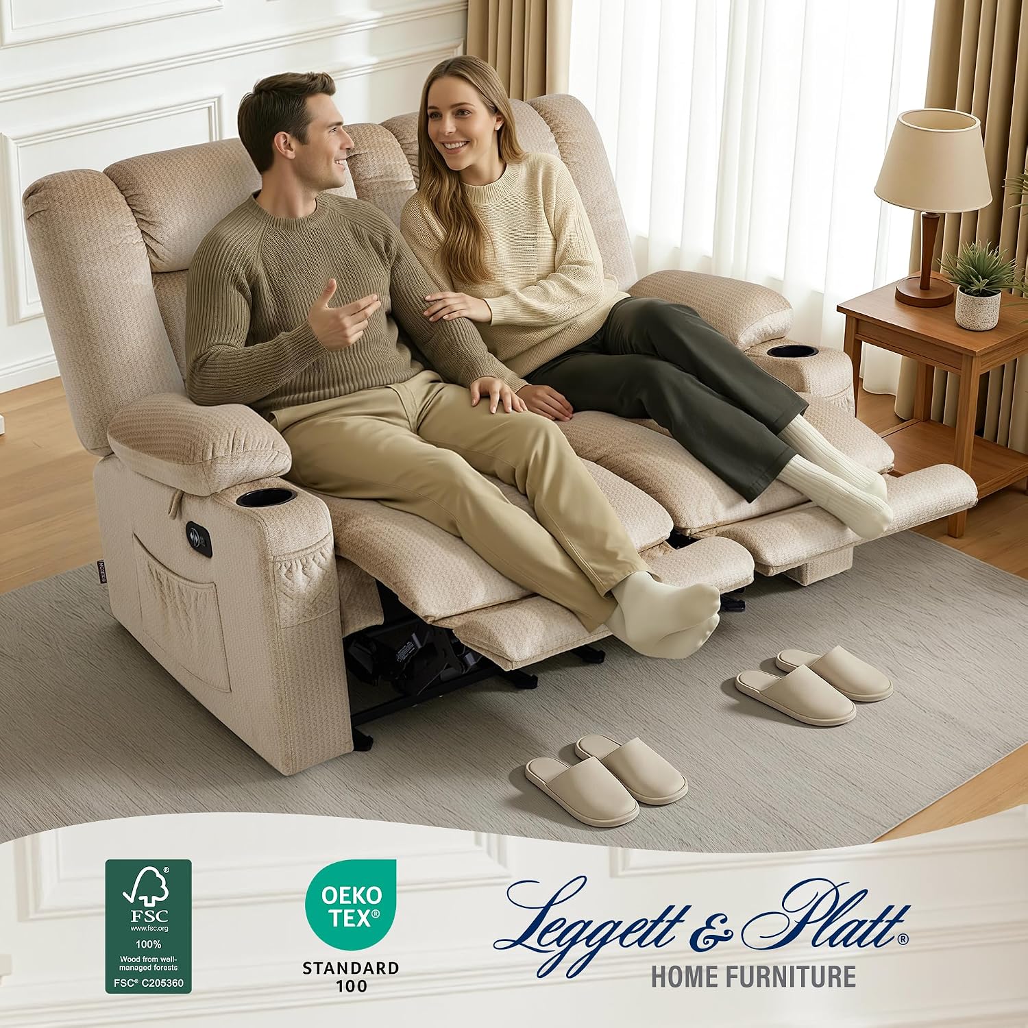 MCombo 55.9' Zero Gravity Power Loveseat Recliner with Heat and Vibration Massage, Reclining Loveseat Sofa with USB Ports, Cup Holders for Living Room, Fabric PR648SET (Beige)
