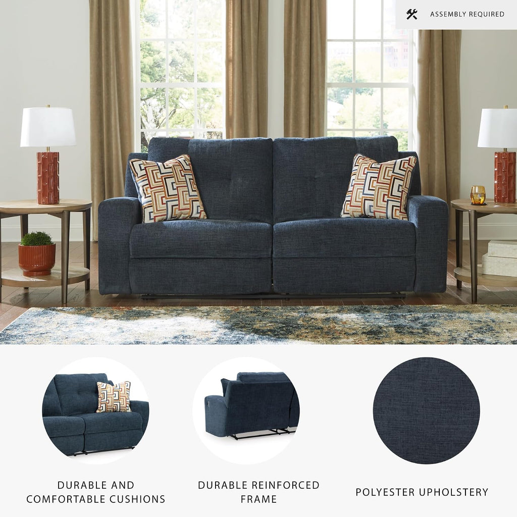 Signature Design by Ashley Danum Modern Manual Pull Tab Reclining Sofa with Tufed Back Cushion, Blue