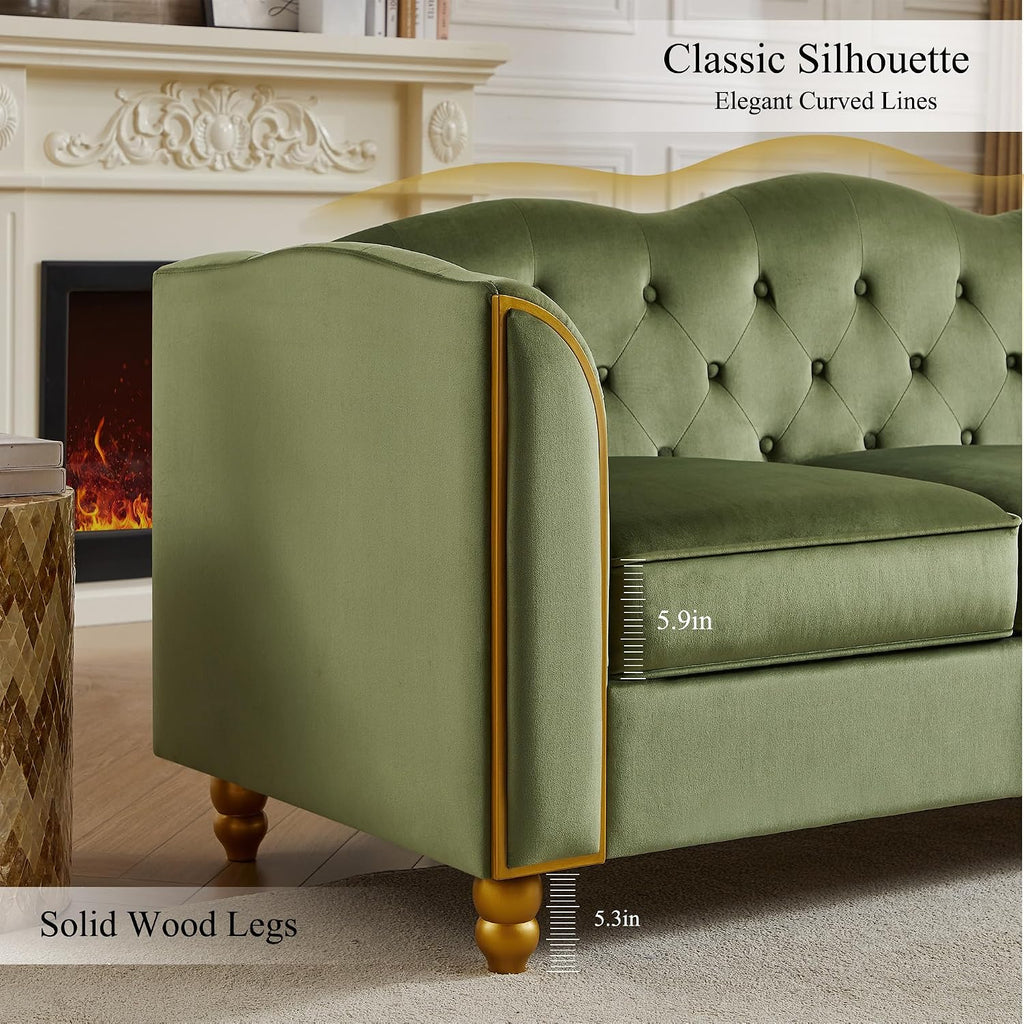 HITHOS 78' Velvet Sofa Couch, Soft 3 Seater Sofa Couche for Living Room, Button Tufted Comfy Couch Modern Sofa with Upholstered Cushion, Gold Trim, Solid Wood Legs for Dorm Bedroom Apartment, Green