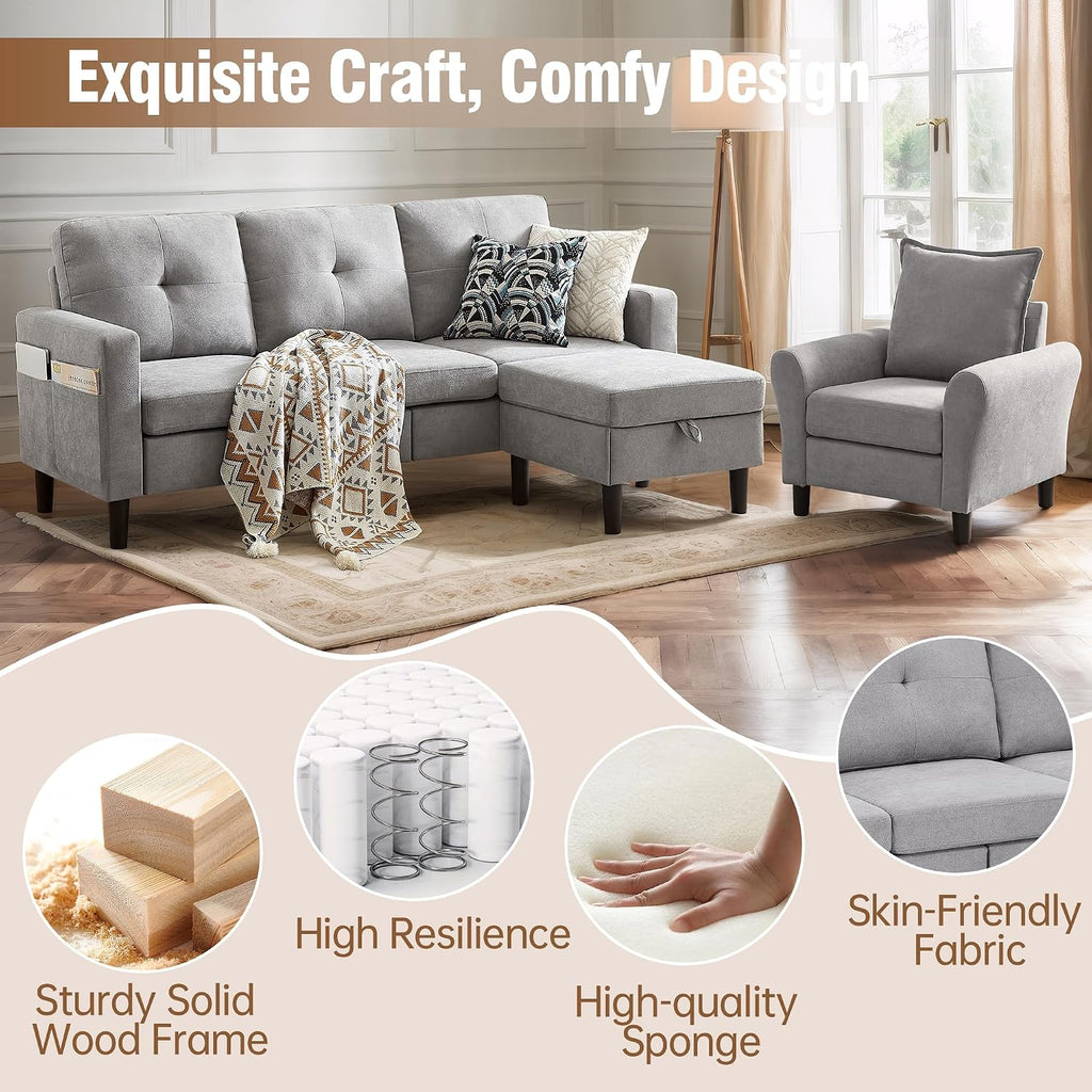 3 Piece Living Room Sofa Sets, Modern 3 Seater Sofa with Storage Ottoman and 2 PSC Armchair Couch Sets, Easy Assembly, Modern 5 Seat Sectional Couches for Living Room, Office, Light Grey