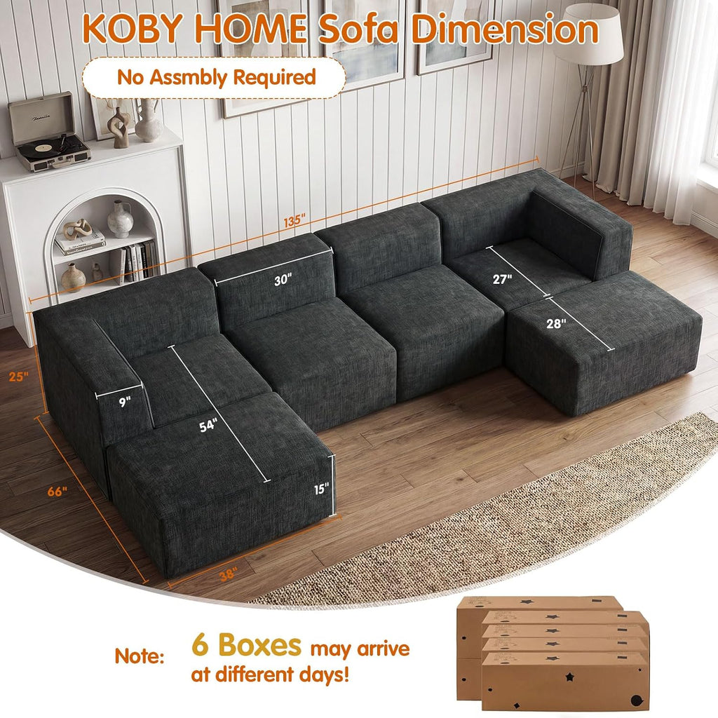 136' 6-Piece Sectional Sofa Modular Couches,L-U-Shaped with Chaise,for Living Room,Compressed Foam No Assembly,for Living Room (2xArmless Corner Ottoman) Fabric Chenille Dark Grey