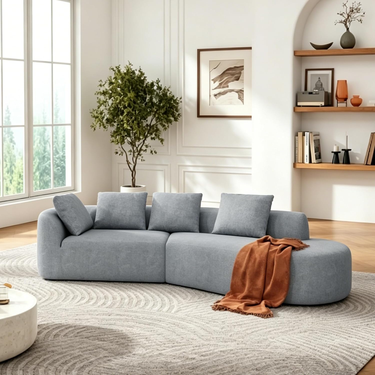 Merax 116' Curved Polyester Sectional Sofa, Modern Pearl Upholstery 3 Seat Cloud Couch with Chaise Lounge & 4 Pillows for Living Room, Light Gray