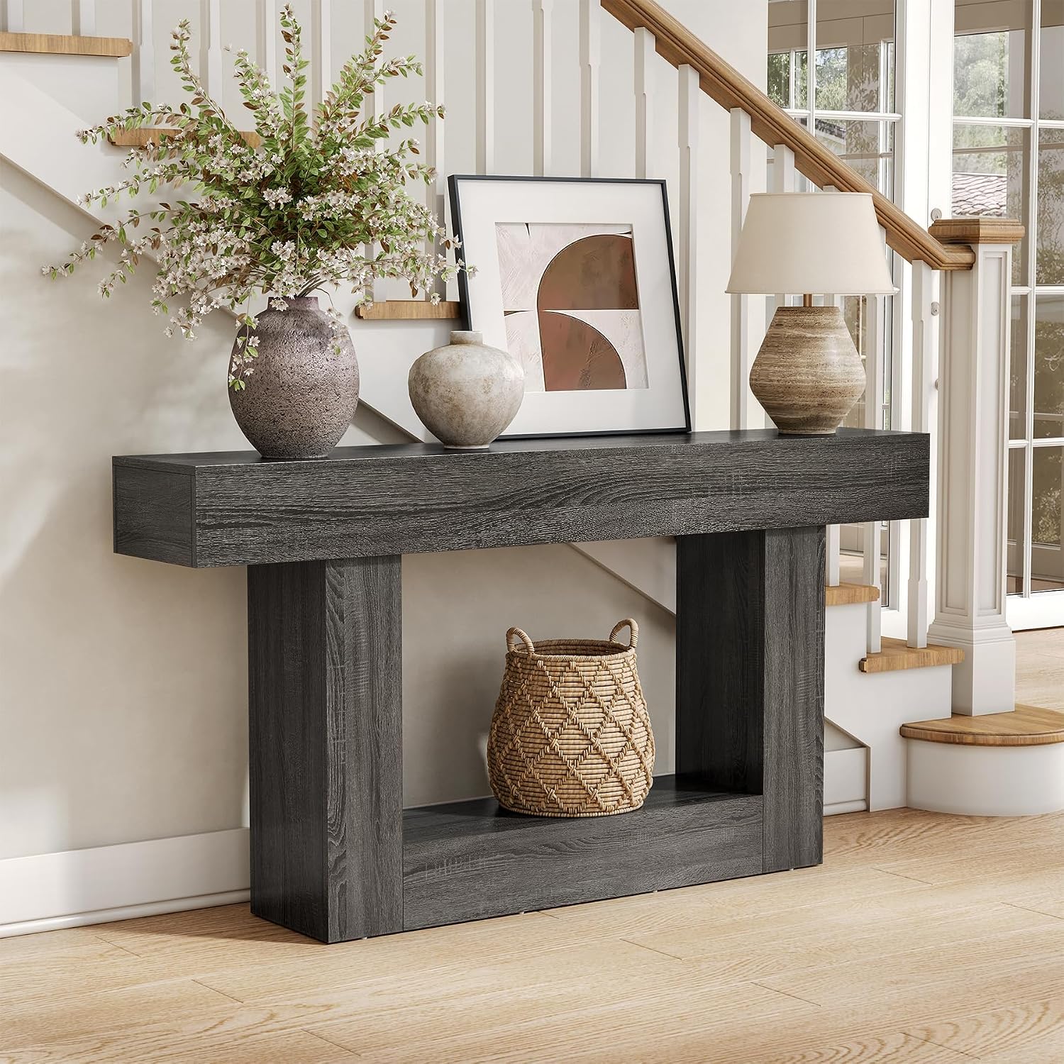 LITTLE TREE 63 Inches Long Console Table, 2-Tier Farmhouse Sofa Table Behind Couch, Large Narrow Entryway Table for Living Room, Wooden Hallway Foyer Table with Heavy Duty Base, Grey