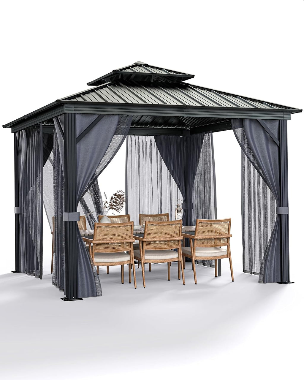 GarveeLife Hardtop Gazebo 12 ft x12 ft for All Weather, with Double Metal Roof, Aluminum Alloy Frame, Net, and Curtain, Permanent Building for Patio, Deck, Backyard, Lawn, and Garden, Gray
