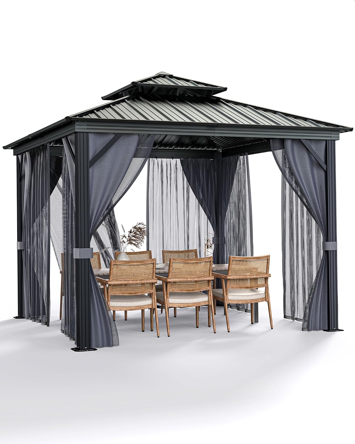 GarveeLife Hardtop Gazebo 12 ft x12 ft for All Weather, with Double Metal Roof, Aluminum Alloy Frame, Net, and Curtain, Permanent Building for Patio, Deck, Backyard, Lawn, and Garden, Gray