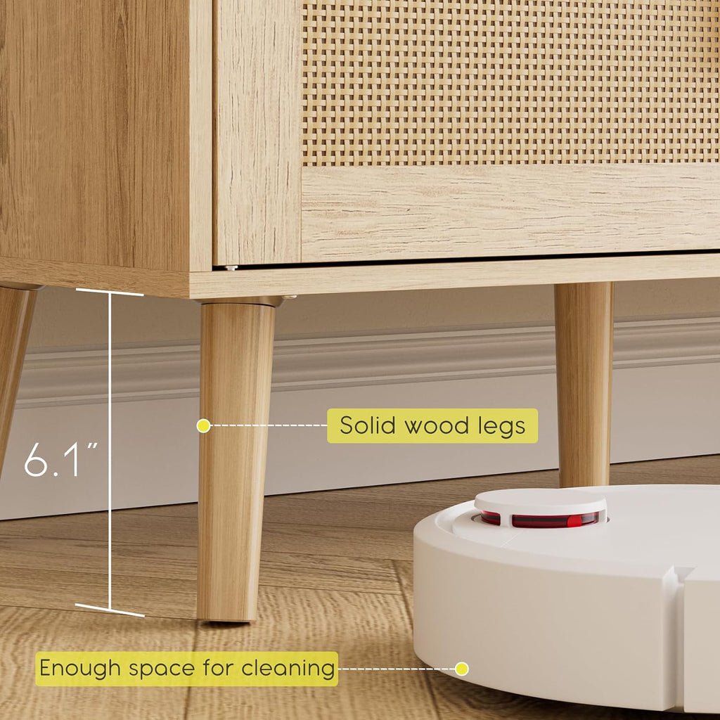 TV Stand for 55-65inch TV, Rattan Entertainment Center with Soft Hinge Door,TV Console Table with 2 Cabinets with Gold Handle and Feet,for Living Room, Bedroom, Natural