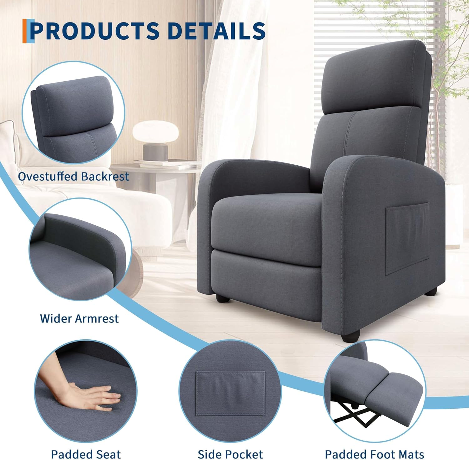 Garvee Recliner Chair for Adults, Lazy Reclining Chair Ergonomic Adjustable Single Sofa Enhanced with Side Pocket, Tall Back, Wide Arms & Padded Seat, Home Theater Seating for Living Room