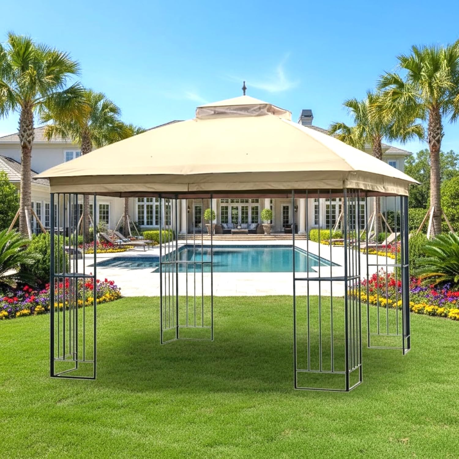 Garden Winds Reinforced Replacement Canopy Top Cover Compatible with The Style Selections TPGAZ9116D TPGAZ9126B TPGAZ9126A 10' x 10' Gazebo - Classic Sand, Riplock 350