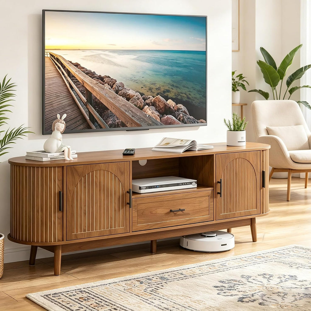 Mxtxmy 70' Fluted TV Stand for Tvs up to 80', Mid-Century Modern Entertainment Center with Drawers and Fluted Doors, Curved TV Media Console Table with Sliding Doors for Living Room, Bedroom (70')