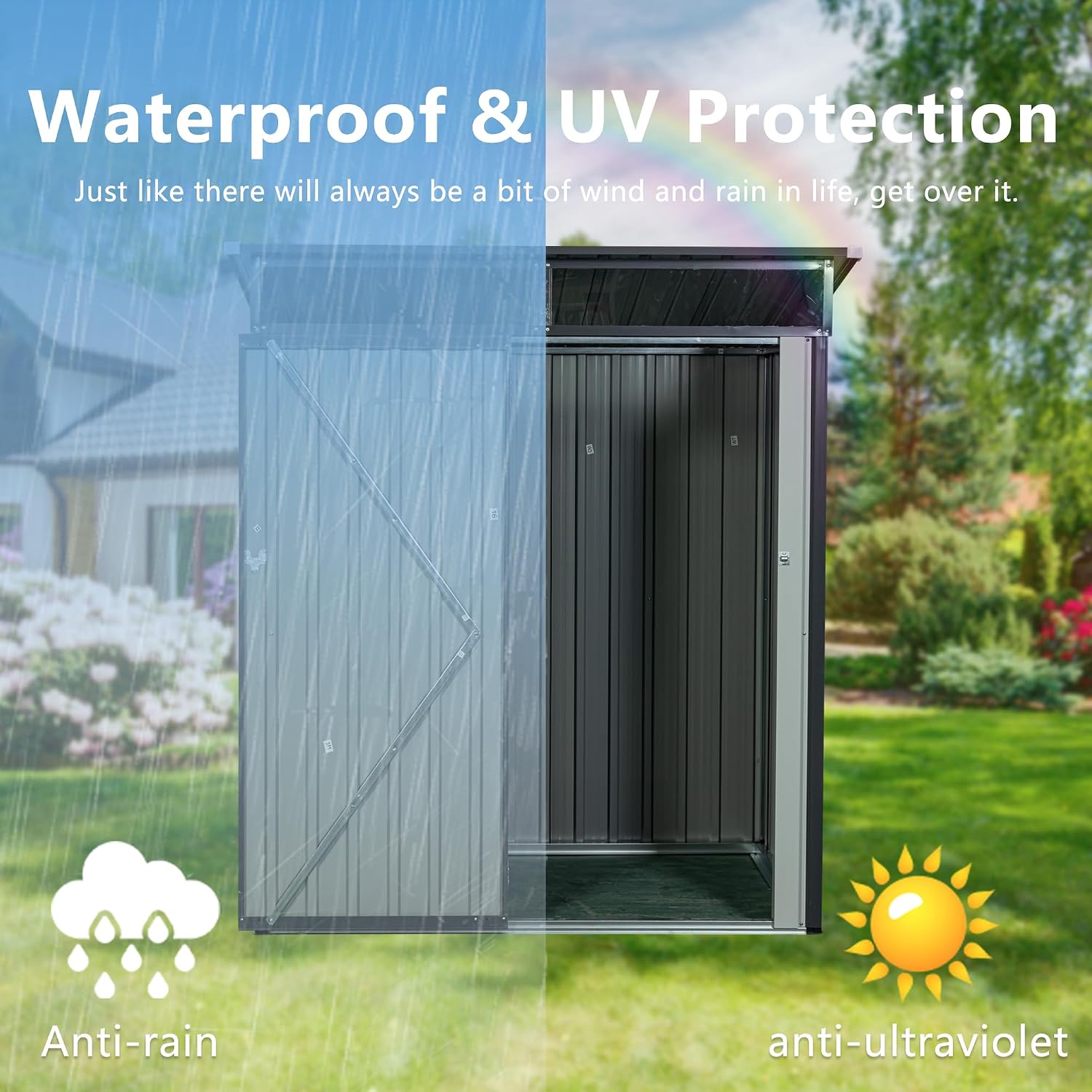 5X3 FT Outdoor Storage Shed, Waterproof Metal Garden Sheds with Lockable Door, Steel Tool Storage Buildings Shed & Outdoor Storage House for Garden, Backyard, Patio, Lawn, Trash Cans(Grey)